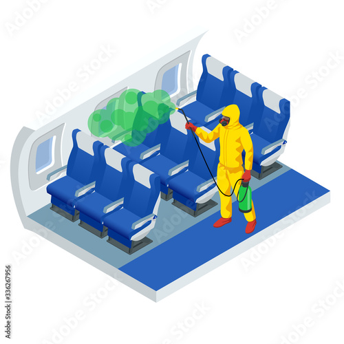 Isometric man in a white suit disinfects aircraft cabin with a spray gun. Virus pandemic COVID-19. Prevention against Coronavirus disease COVID-19.