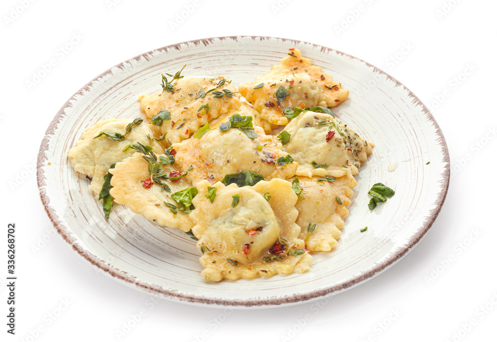 Plate with tasty ravioli on white background Plate with tasty ravioli on white background