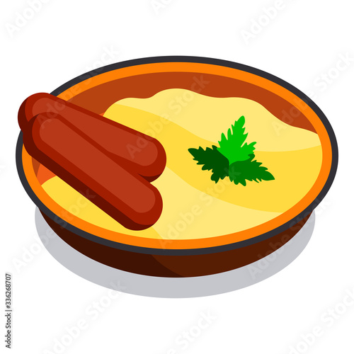 Mashed potatoes with sausage in an orange plate. Isometric icon. Vector illustration on a white background.
