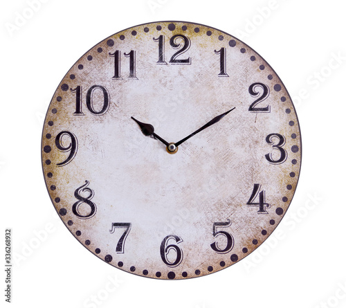 Old clock with black arrows isolated on a white background.