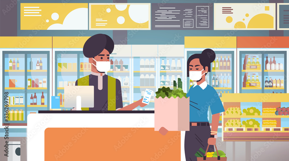 indian cashier and woman customer in medical protective masks quarantine coronavirus epidemic concept people buying goods in grocery store supermarket interior portrait horizontal vector illustration indian cashier and woman customer in medical protective masks quarantine coronavirus epidemic concept people buying goods in grocery store supermarket interior portrait horizontal vector illustration