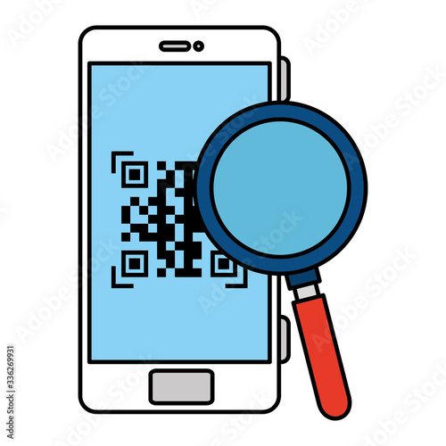 qr code inside smartphone and lupe design of technology scan information business price communication barcode digital and data theme Vector illustration