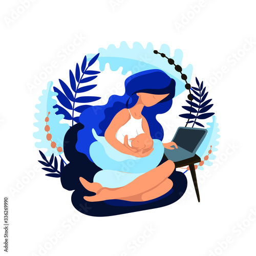 Breastfeeding newborn baby and working at computer, mom with breastfed baby surrounded by exotic leaves, flat style illustration in a limited color palette. For use in printing or web design. Vector i