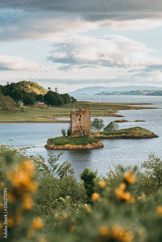 Flowers in front of Scottish island castle