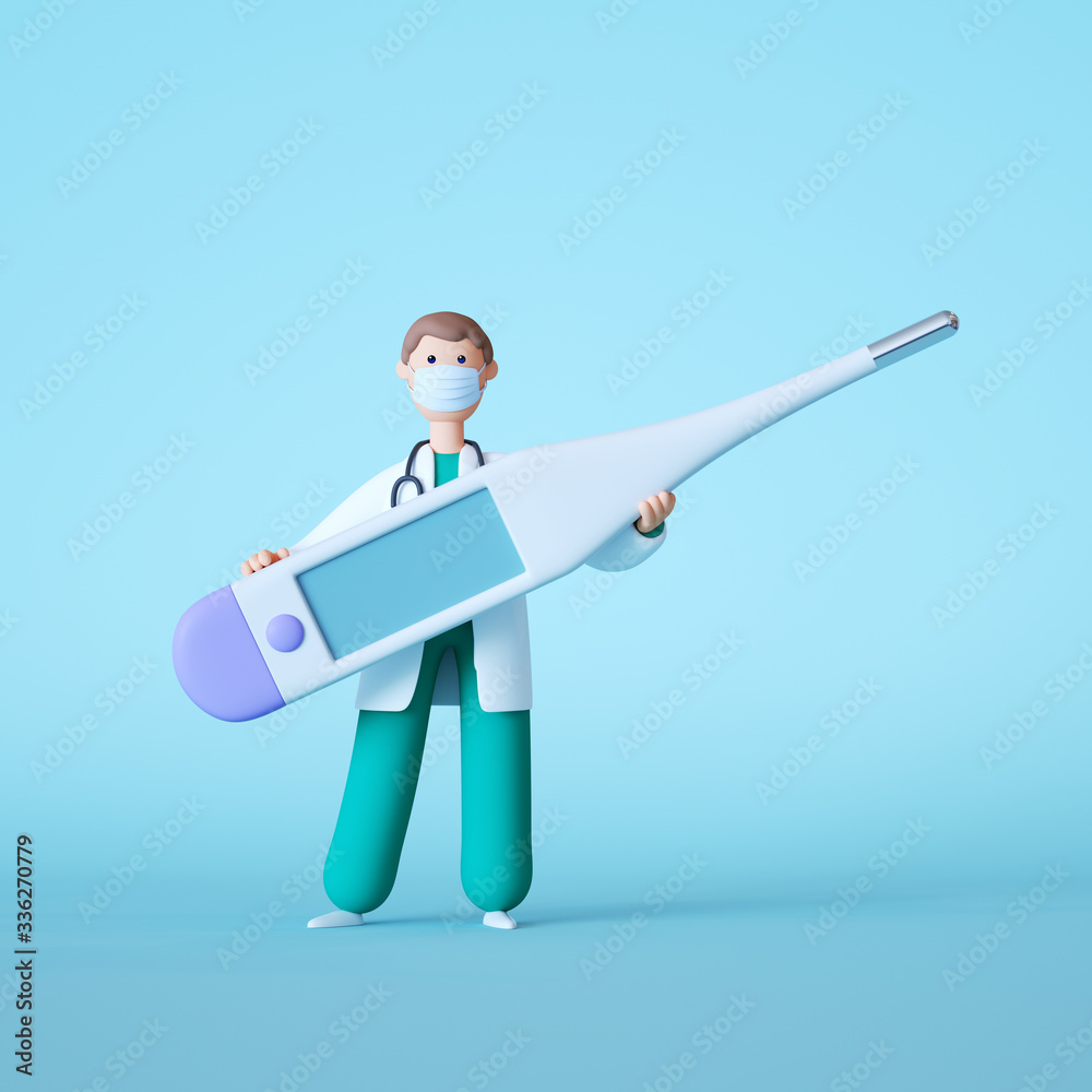 3d render. Cartoon doctor character standing holding big blank