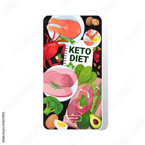 healthy food keto diet concept selection of good fat sources low carbs products composition on wooden background smartphone screen mobile app vector illustration