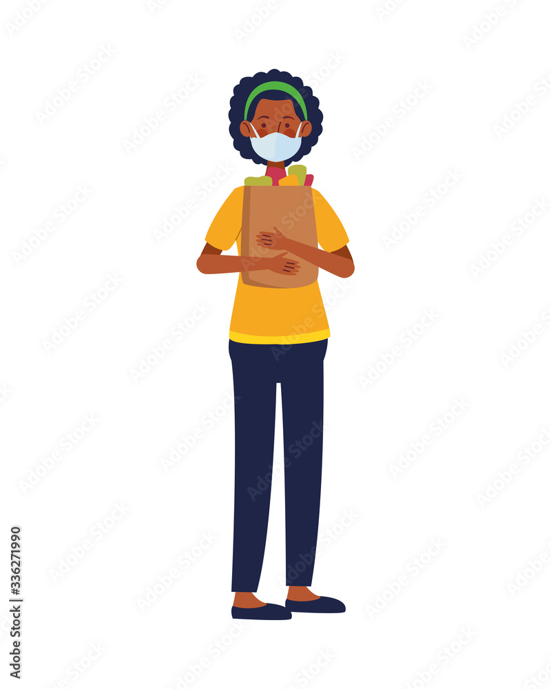 afro woman using face mask with shopping bag in supermarket afro woman using face mask with shopping bag in supermarket