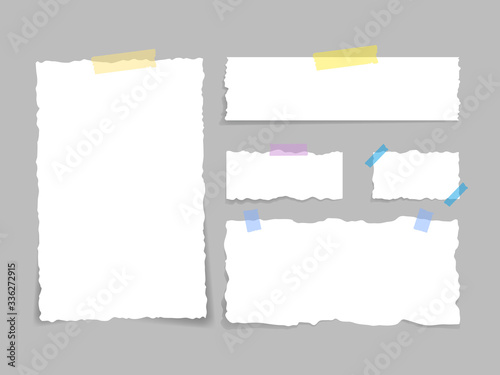 Set of torn paper affixed with duct tape. Paper waste. Torn paper, torn sheets and a sheet of paper for notes. Vector illustration.