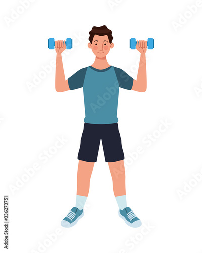 young man athlete lifting dumbbells © Jemastock