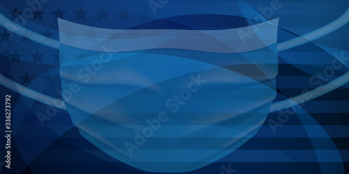 American flag with a medical disposable mask for protection of coronavirus in dark blue colors