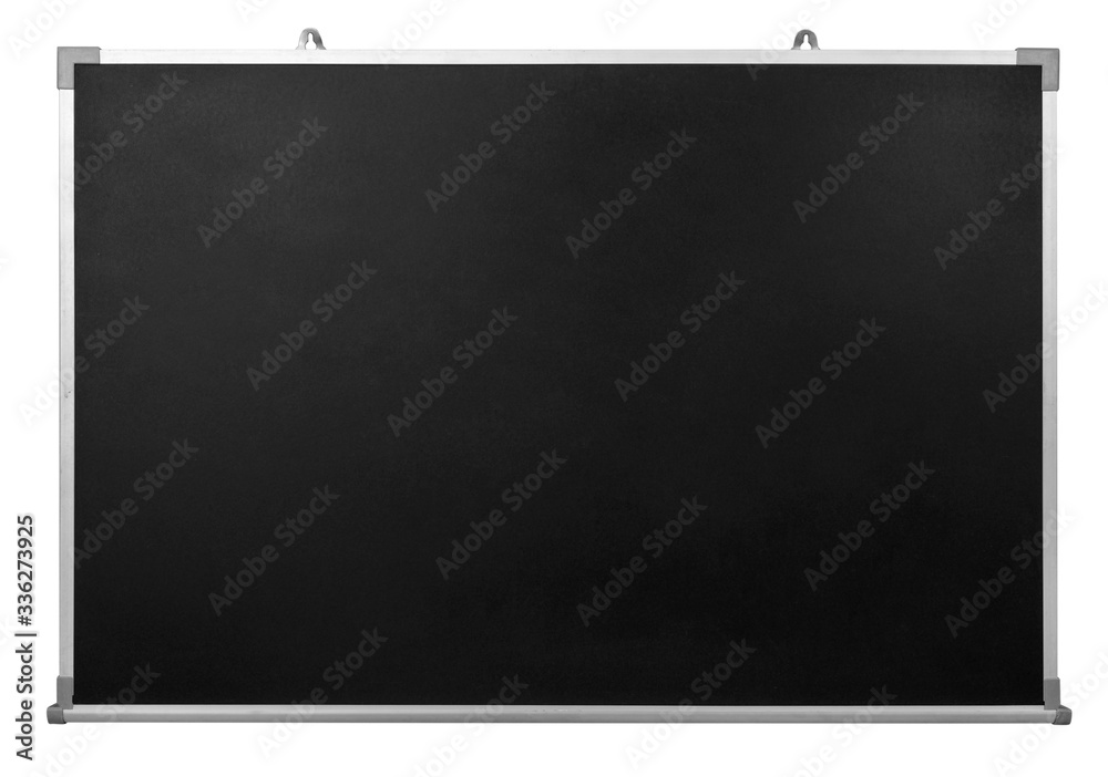 Empty black chalkboard with aluminum frame isolate on white with clipping path Empty black chalkboard with aluminum frame isolate on white with clipping path
