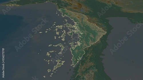 Tanintharyi, division with its capital, zoomed and extruded on the relief map of Myanmar in the conformal Stereographic projection. Animation 3D photo