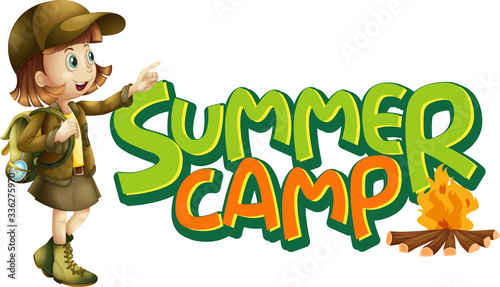 Font design for word summer camp with girl and campfire