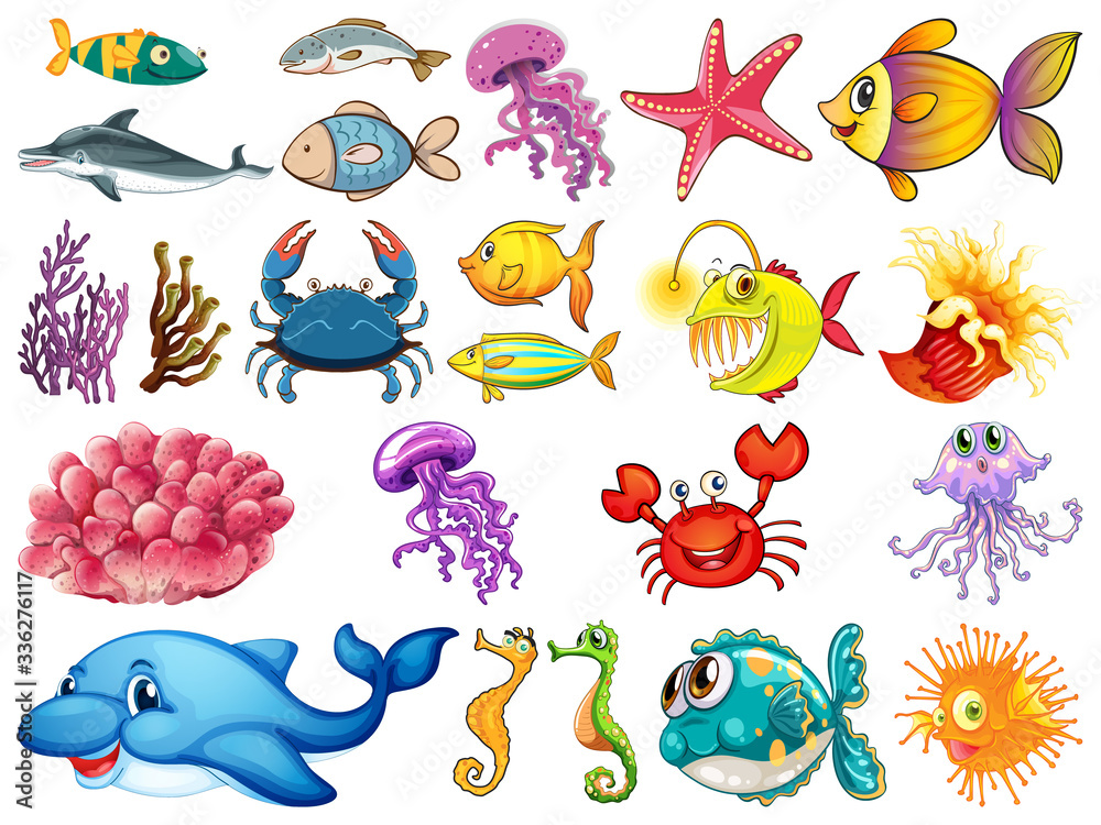 Naklejka premium Large set of sea creatures on white background