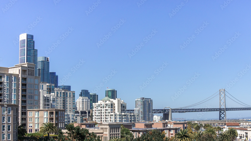View of San Francisco skyline and Bay Bridge. Palm trees with bright, sunny, clear blue sky.