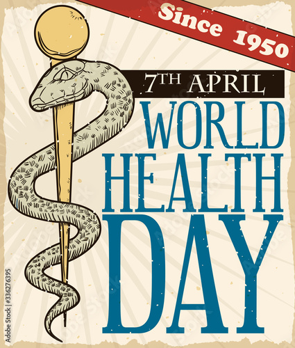 Vintage Design with Asclepius Rod Promoting World Health Day Celebration, Vector Illustration