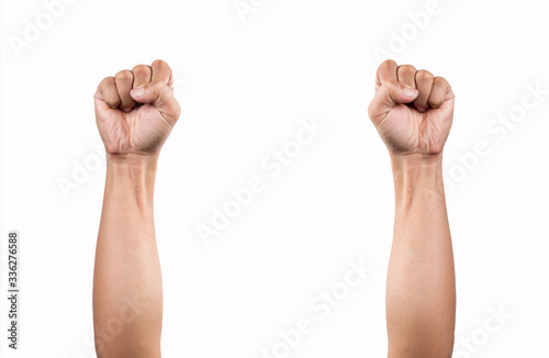 Clinched fist raised up on white background. two arm on white
