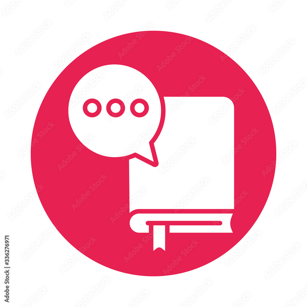 text book with speech bubble block style icon text book with speech bubble block style icon