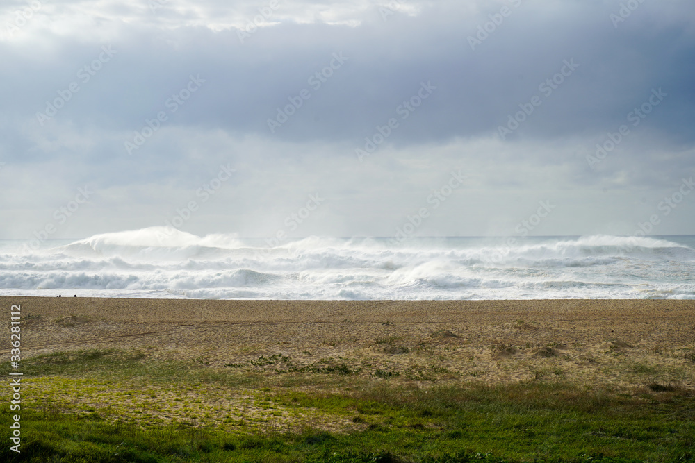 Dark sky over the Atlantic ocean in Nazare, Portugal