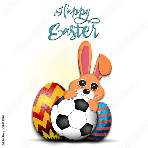 Happy Easter. Easter eggs, rabbit and soccer ball © mityay_pg