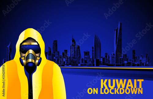 Kuwait City On Lockdown Yellow Hazmat Suit Man On A Modern Urban Architecture Skyline At Night photo
