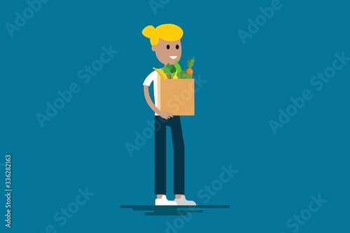 Cheerful housewife with groceries on vector