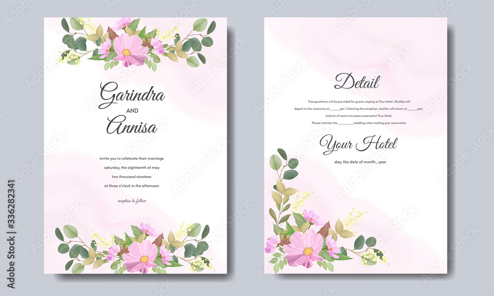Elegant  wedding invitation with flower and leaves card template design Premium Vector