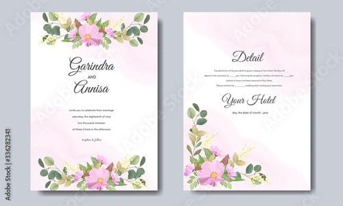 Fototapeta Naklejka Na Ścianę i Meble -  Elegant  wedding invitation with flower and leaves card template design Premium Vector
