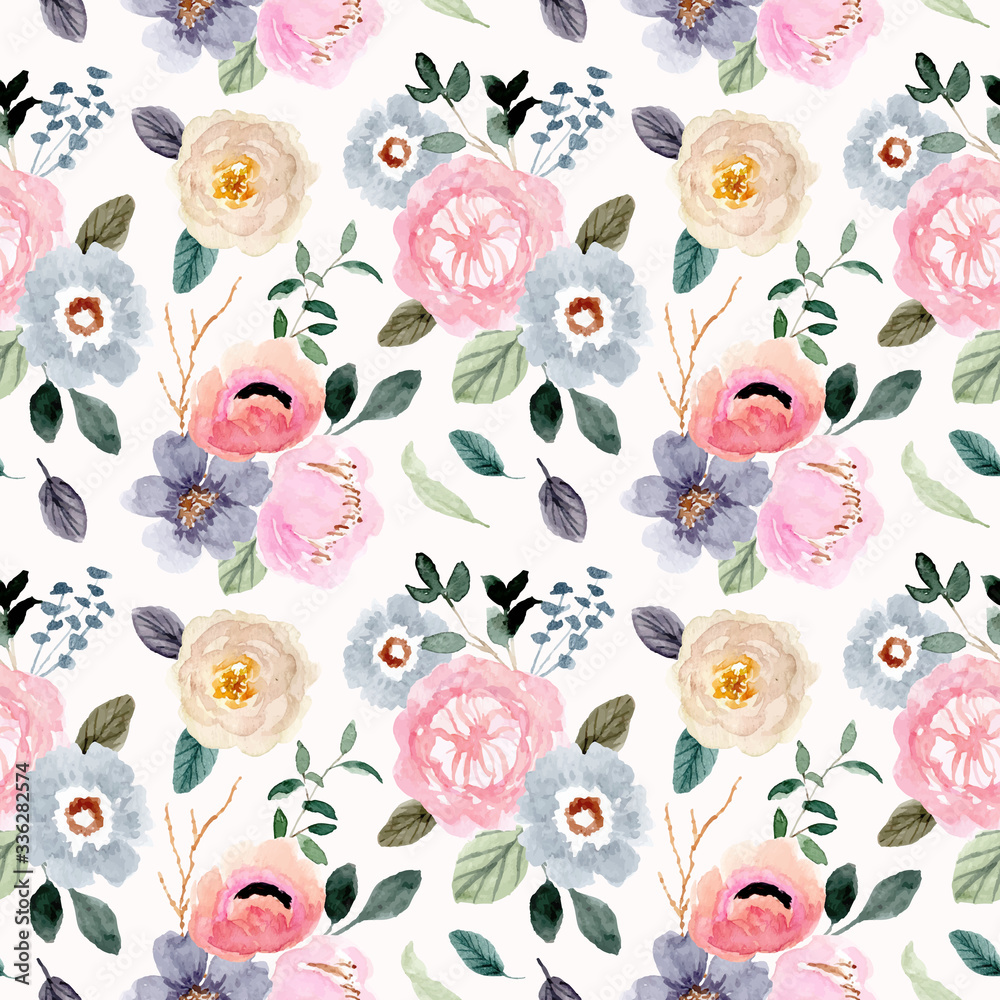 Hand-drawn watercolor pattern with blue and pink flowers