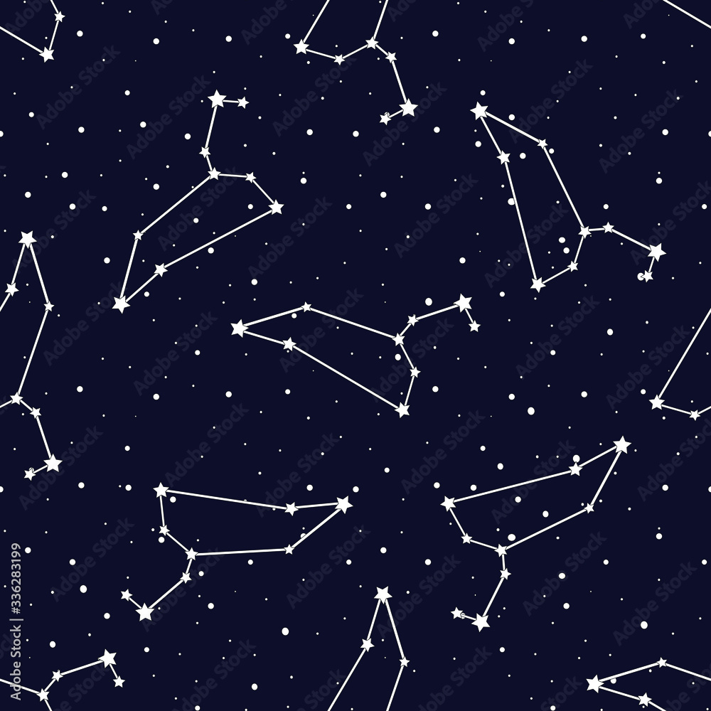 Leo zodiac star seamless pattern. Repeating Leo sign with stars on a black background. design for textile, wallpaper, fabric, decor, clothes, scrapbooking.