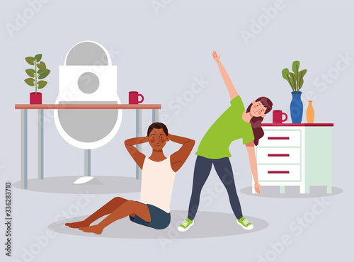 interracial couple practicing exercise in the house