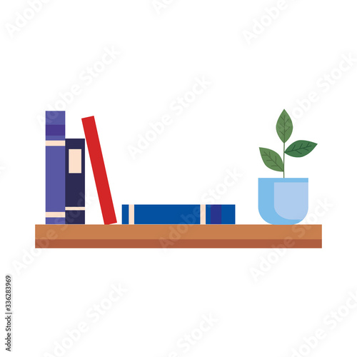 shelf with books and pot plant vector illustration design