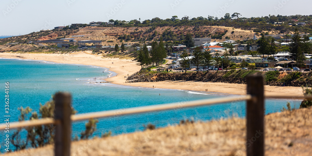 The beautiful Christies Beach from the southern cliff face in South Australia on 30th January 2020