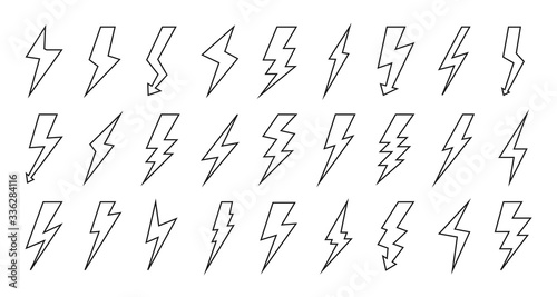 Set of black line lightning bolt icon. Blank contour, emblem template voltage. Flash electricity simple sign energy for web site and app. Symbol power fast speed. Isolated on white vector illustration