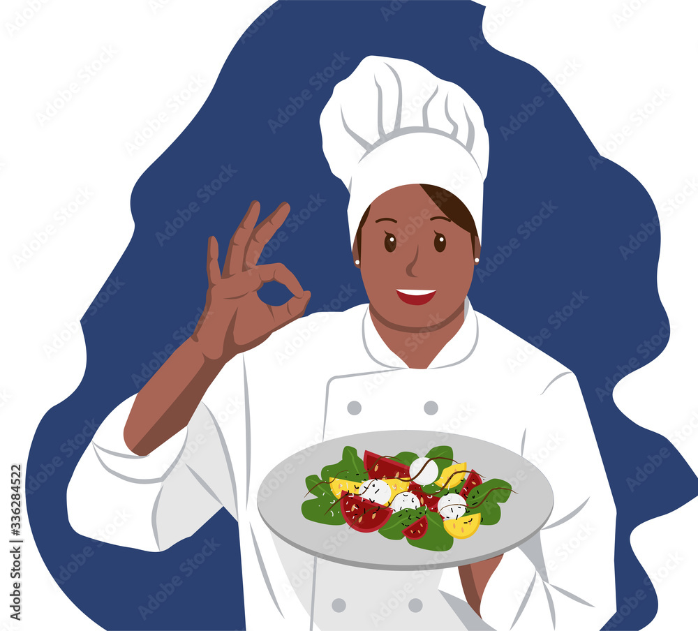 Smiling Dark-Skinned Woman Chef holds salad Smiling Dark-Skinned Woman Chef holds salad