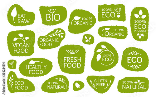 Set of eco green labels, logo icon with leaves. Emblem symbol for organic natural product. Concept vegan fresh, healthy food. Template sticker for badges, tags, packaging. Isolated vector illustration