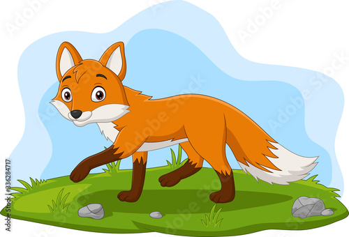 Cartoon happy fox walking in the grass