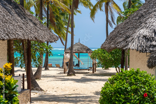Tropical houses and coconut palm trees on a sand beach near the sea in sunny day on the island of Zanzibar  Tanzania  Africa