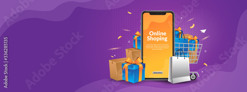 Online Shoping with mobile App Illustration For Web and Aplication Banner 
