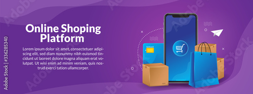 Online Shoping with mobile App Illustration For Web and Aplication Banner 