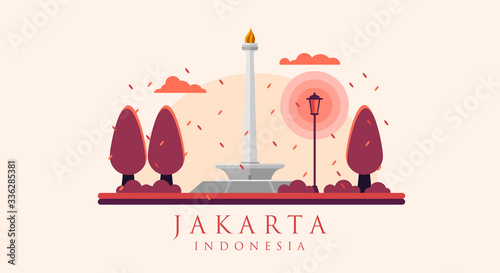 the Landmark of Jakarta City. Monumen Nasional Jakarta Tugu Monas. Jakarta Monas Flat Vector Design Illustration. National Monument of Indonesia 