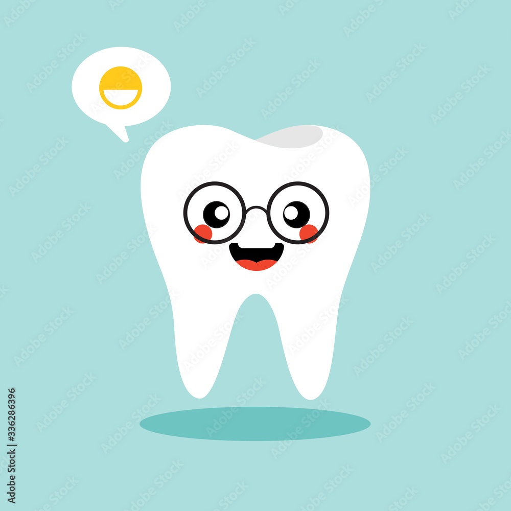 Fototapeta premium Cute and kawaii vector cartoon tooth character. Funny dental care concept. Vector illustration isolated on color background. childrens dentistry concept vector Illustration