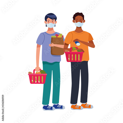 interracial men using face masks in supermarket