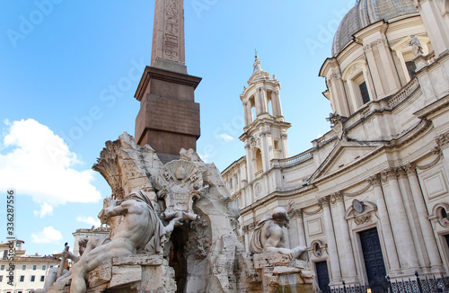 Sunny view of Piazza Navona with the Fountain of the Four Rivers (Italian: Fontana dei Quattro Fiumi) with Egyptian obelisk © Crystaltmc