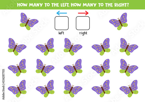 Spatial orientation for kids. How many butterflies fly to the right and how many to the left.