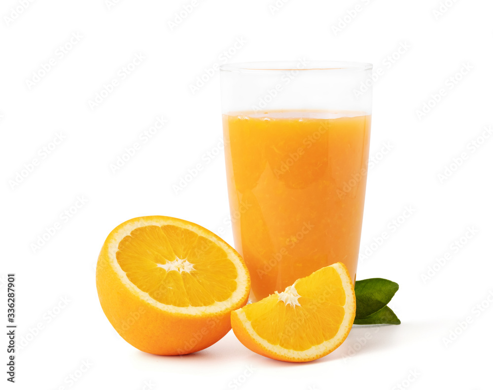 Glass of fresh orange juice with fruits cut in half and sliced with green leaf isolated on white background with clipping path Glass of fresh orange juice with fruits cut in half and sliced with green leaf isolated on white background with clipping path
