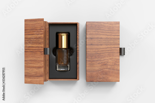 Blank oud bottle with hard paper box for branding. 3d render illustration. photo