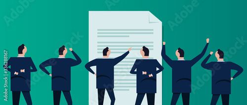Document file standard compliance agreement paperwork guideline operation. Code of conduct group of businessman coworker employee in company corporation standing looking.