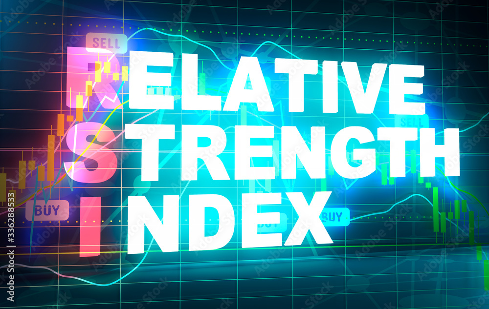 Trading dictionary. Financial market concept. Acronym RSI - Relative Strength Index. 3D rendering