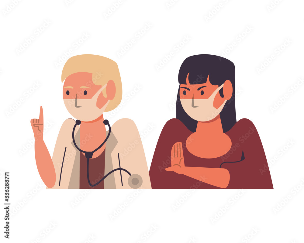 female doctor and patient using face masks characters